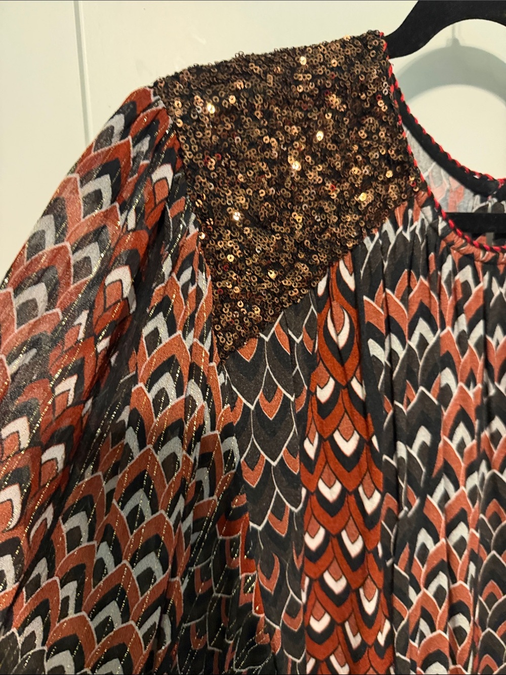 Blank London Anthropologie Sequin-Shoulder Printed Blouse in Rust Multi - Picture 6 of 8